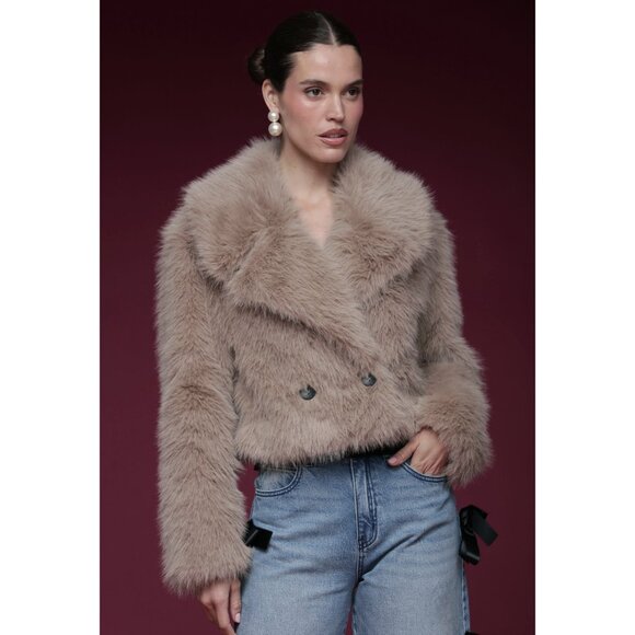 New Avec Les Filles Cropped Faux Fur Coat Taupe XS - Picture 2 of 6